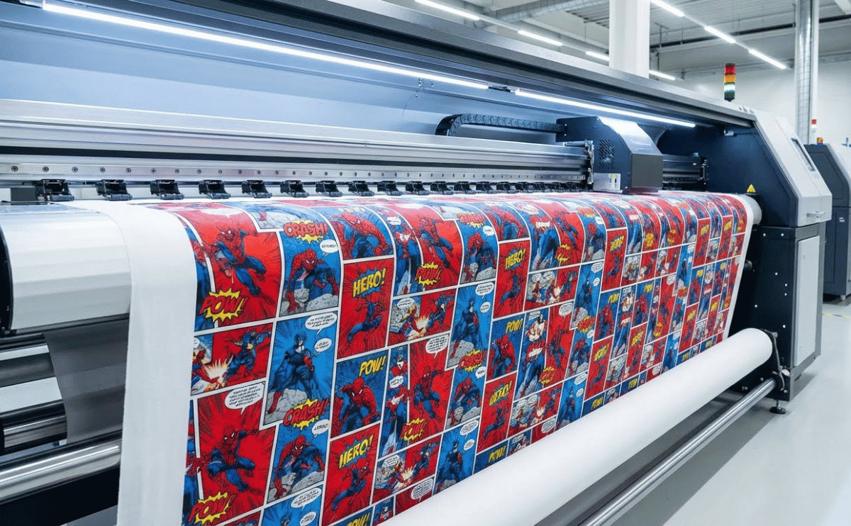 Endüstriyel dijital baskı makinesinde üretilen yüksek kaliteli Spiderman desenli kumaş.