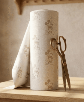 Pix Kumaş atölye ortamında dikey duran Disney Mickey Mouse desenli dijital baskı kumaş rulosu ve vintage altın terzi makası detaylı premium görünüm.