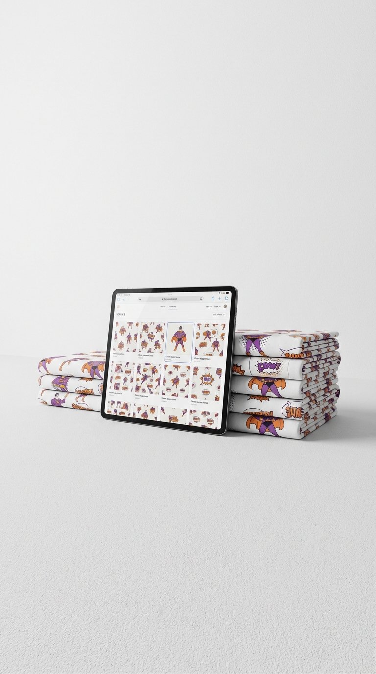 Pixkumas dijital desen seçim süreci: Tablet ekranında açık kumaş kataloğu arayüzü ve yanında özel basılmış, katlanmış süper kahraman desenli kaliteli kumaş yığınları.