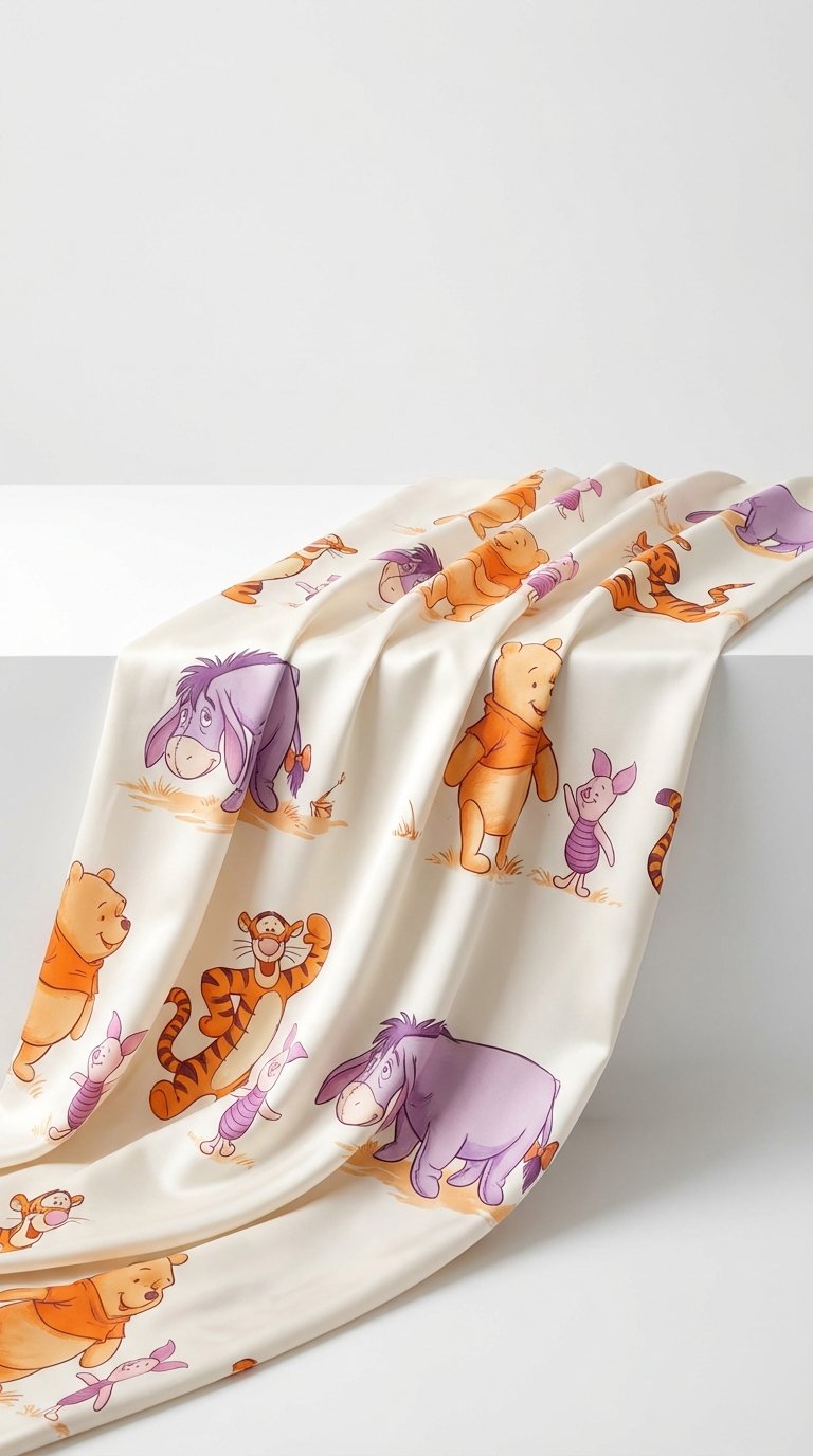 Winnie the Pooh ve arkadaşları suluboya desenli, dökümlü ve yumuşak dokulu dijital baskılı kumaş.